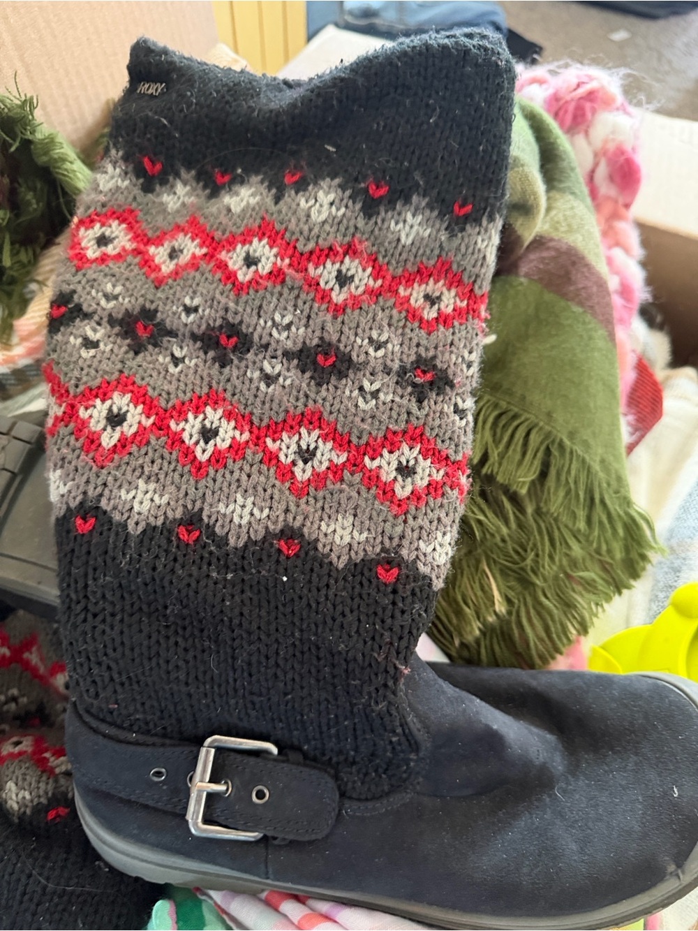 Roxy Black Knit Boot Socks with Red & Gray Pattern